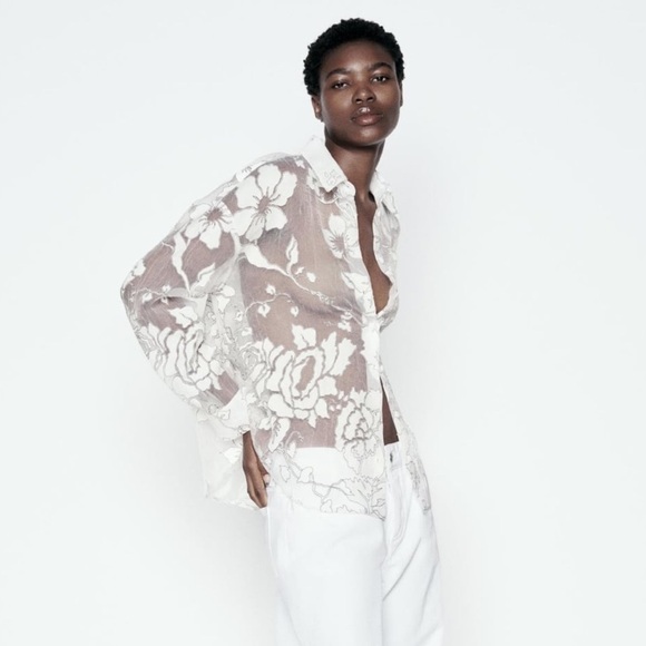 New ZARA Contrasting Devore Shirt - Picture 2 of 10